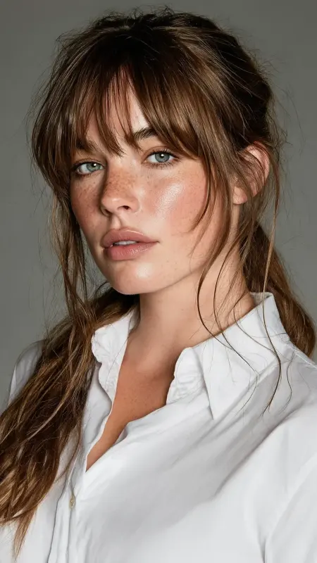 Chic Low Ponytail with Curtain Bangs - long curtain bangs round face