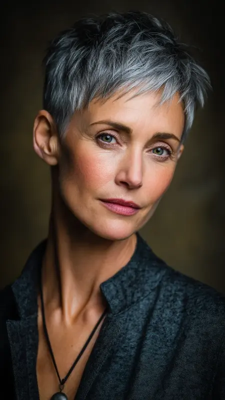 Chic Silver Pixie Cut - gray hair styles for women over 50