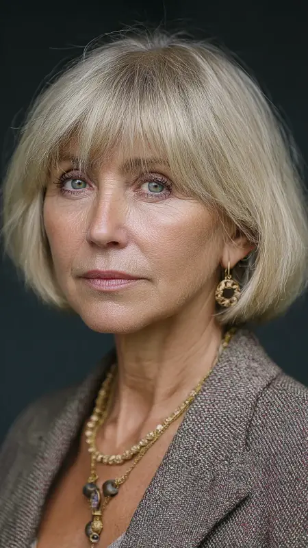 Chin-Length Layered Bob with Feathered Bangs - hairstyles for women over 70 with bangs