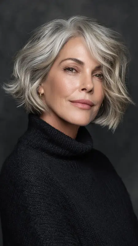 Choppy Lob with Beach Waves - Medium length hair with layers over 60 older women
