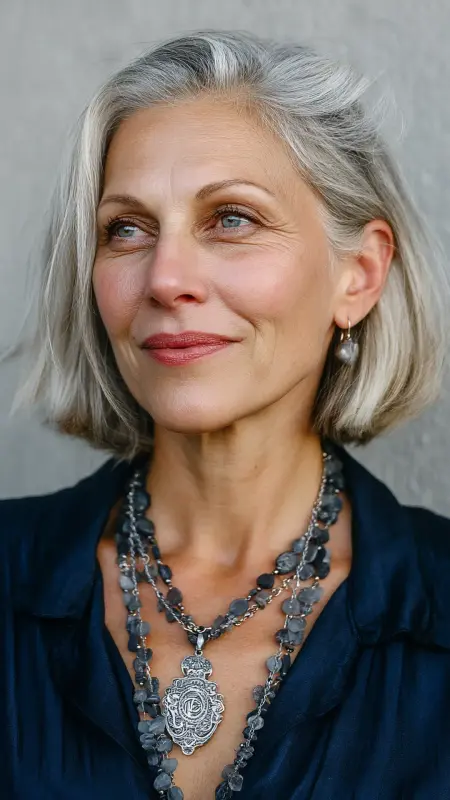 Classic Center Split - Platinum - Medium Length Bob Haircuts For Women Over 50