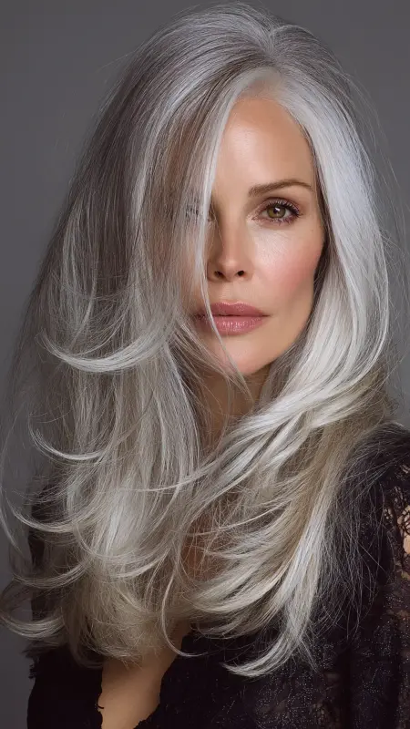 Classic Side-Swept Bangs - gray hair styles for women over 50