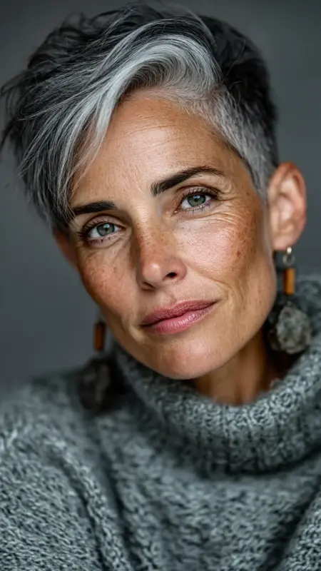 Classic Taupe - Sculpted Blowout - Undercut pixie haircut for older women