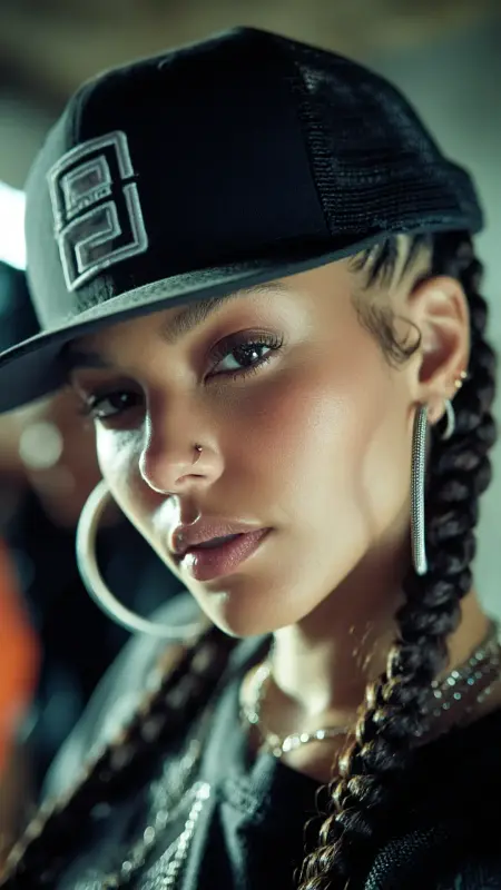 Corkscrew Curls with Curtain Bangs - Trucker Hat Hairstyles