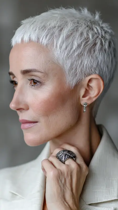 Cropped Bob with Voluminous Top - Short white hair for older women