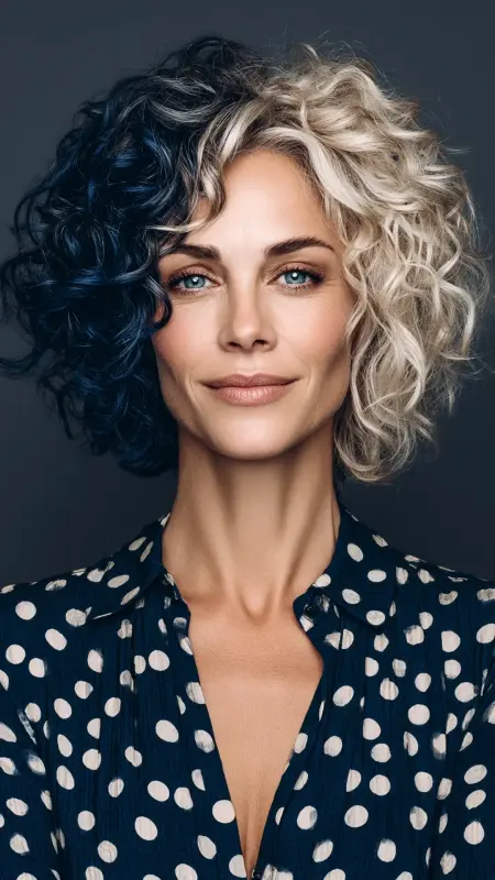 Curly Bob with Side Part - Midnight Blue - Two hair colors split