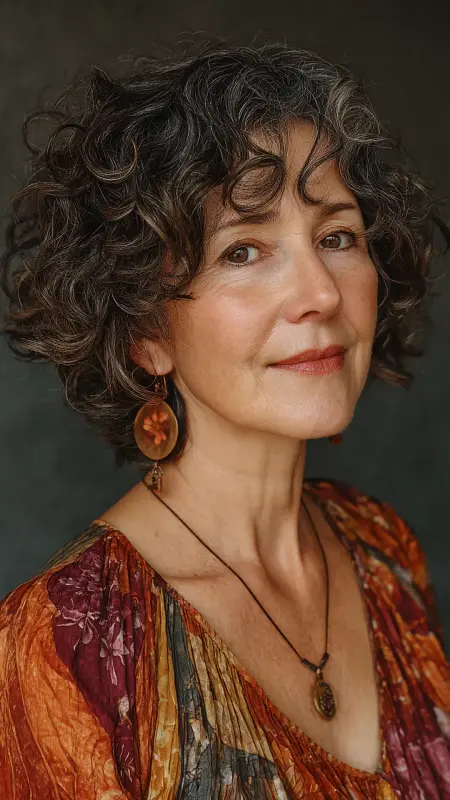Curly Layered Bob with Side Swept Bangs - Short Layered Hairstyles For Older Women