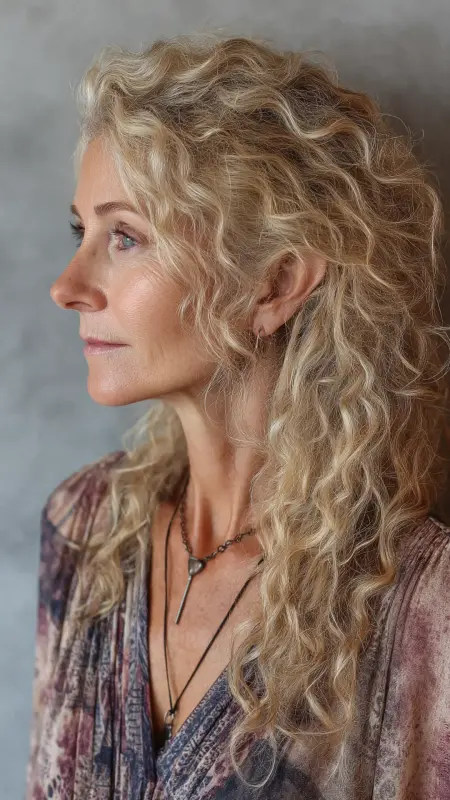 Curly Long Layers with Feathered Ends - Hairstyles For Women Over 60 With Curly Hair
