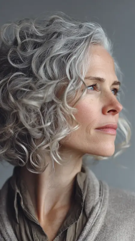 Curly Silver Halo - gray hair styles for women over 50