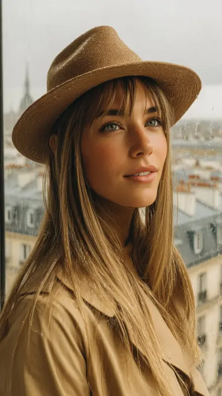 Curtain Bangs with Hat - long straight hair with curtain bangs