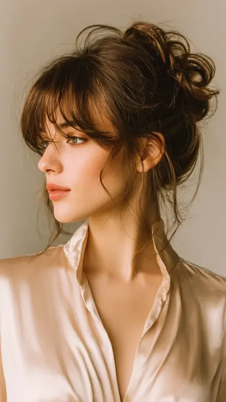 Curtain Bangs with Low Messy Bun - Face framing curtain bangs