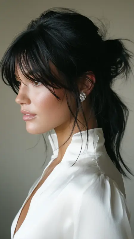 Curtain Bangs with Polished Low Ponytail - Face framing curtain bangs