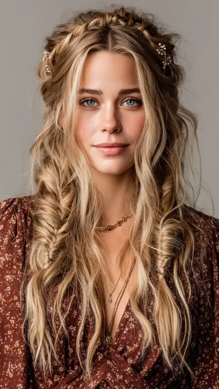 Curtain Bangs with Twisted Half-Up Style - long curtain bangs round face