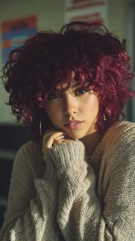 Deep Burgundy Curls with Side Part - Hair color for college students
