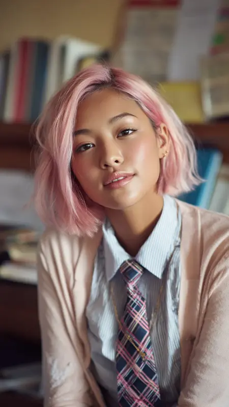 Dusty Rose Underlights with Straight Cut Bob - Hair color ideas for school
