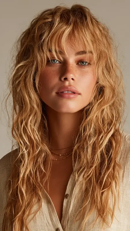 Effortless Beach Waves with Curtain Bangs - long curtain bangs round face