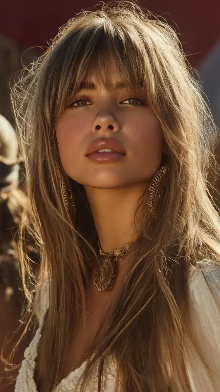 Effortless Boho Chic - long straight hair with curtain bangs