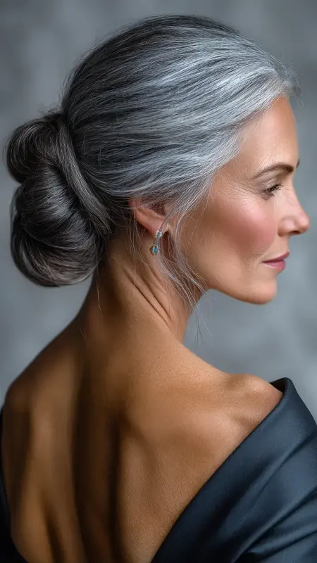 Elegant Silver Chignon - gray hair styles for women over 50