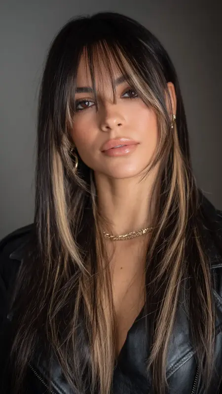 Face-Framing Highlights - long straight hair with curtain bangs