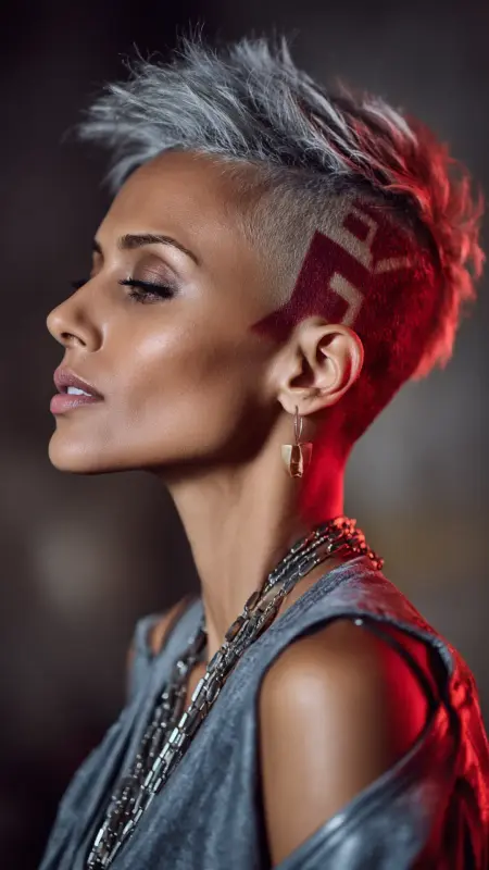 Faux Hawk Undercut - Silver Wine Red - Two hair colors split