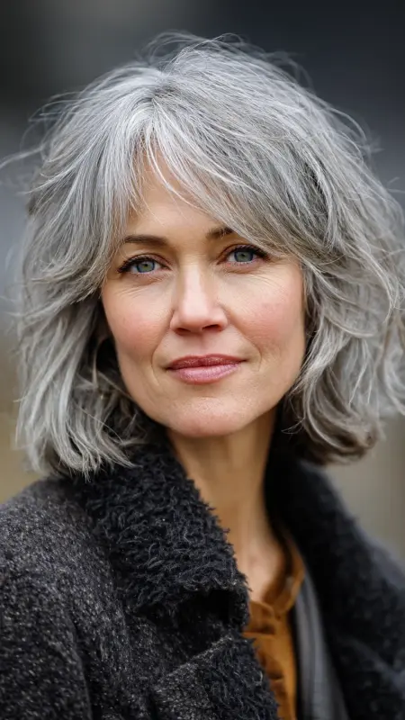 Feathered Gray Shag - gray hair styles for women over 50