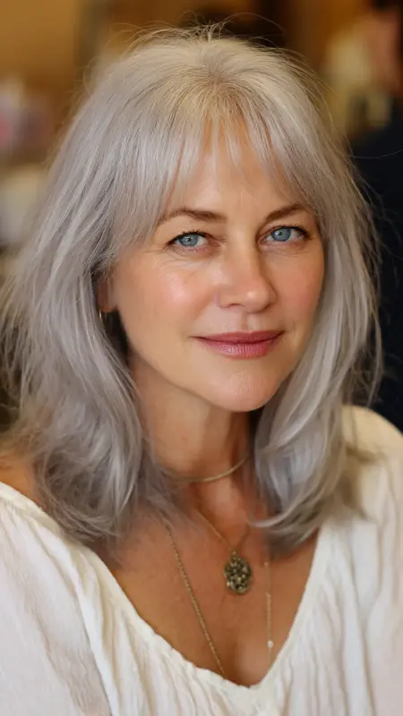 Feathered Layers with Curtain Bangs - Shoulder Length Hairstyles For Women Over 60