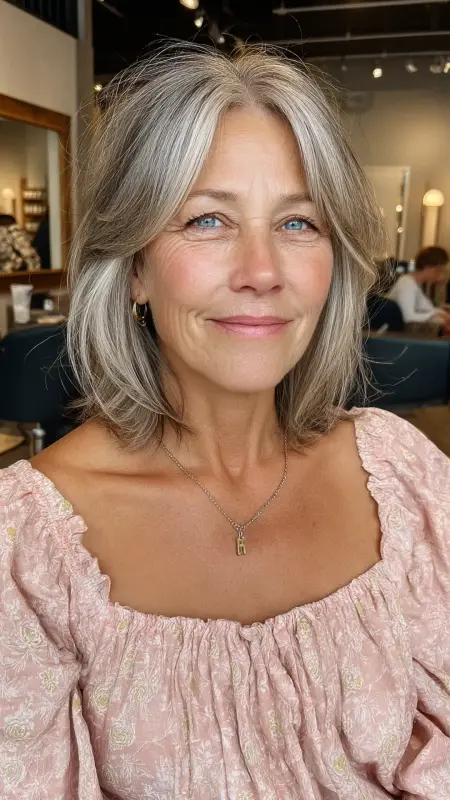 Feathered Lob with Side-Swept Bangs - Shoulder Length Hairstyles For Women Over 60
