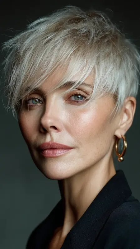 Feathered Pixie with Side-Swept Bangs - hairstyles for women over 70 with bangs