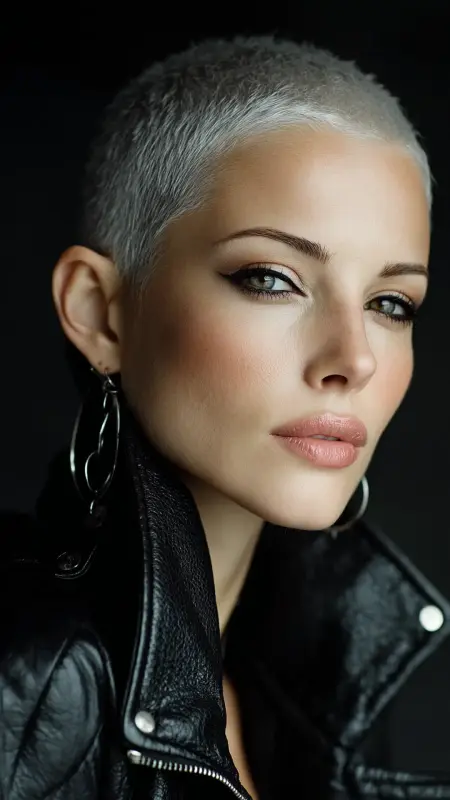 Frosted Silver Buzz Cut -  silver hair color ideas 