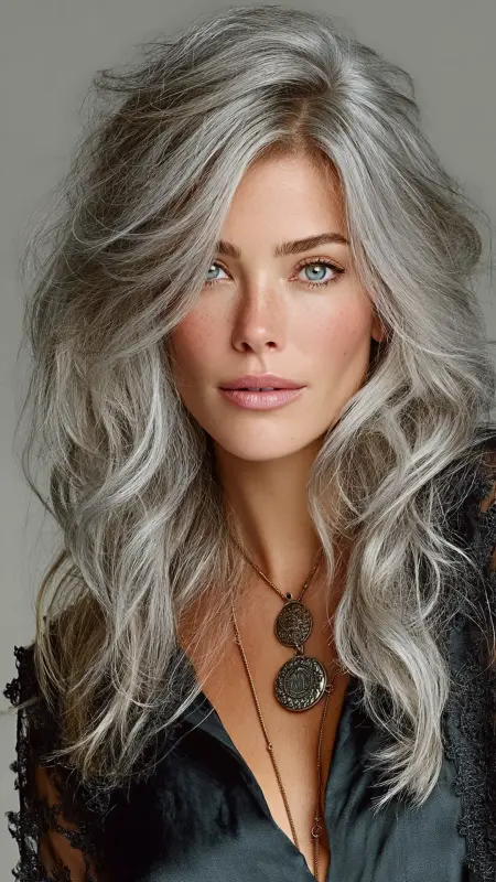 Frosty Silver Curtain Layers -  silver hair color ideas 