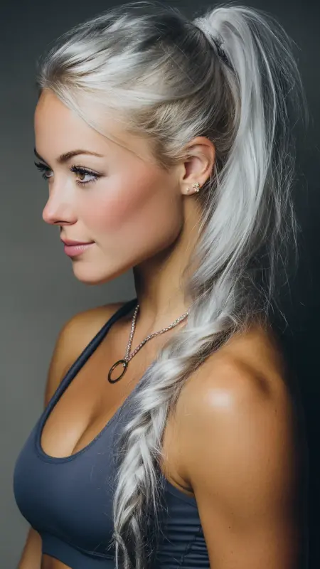 Glacier Silver High Ponytail -  silver hair color ideas 