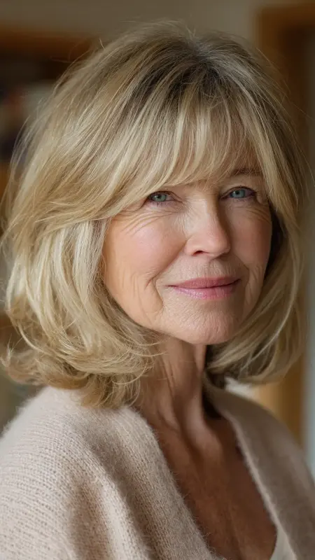 Golden Blonde Shoulder-Length with Curtain Bangs - hair color ideas for women over 70