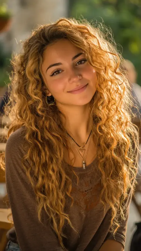 Golden Caramel Highlights on Natural Curls - Hair color for college students