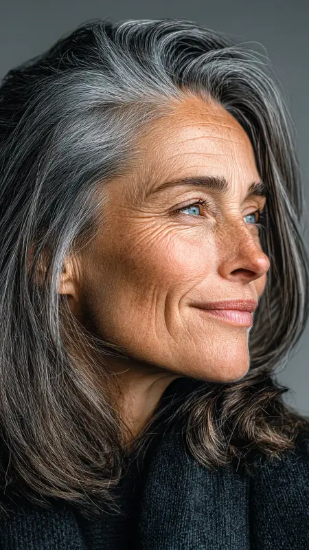 Gray Blended Curtain Bangs - gray hair styles for women over 50