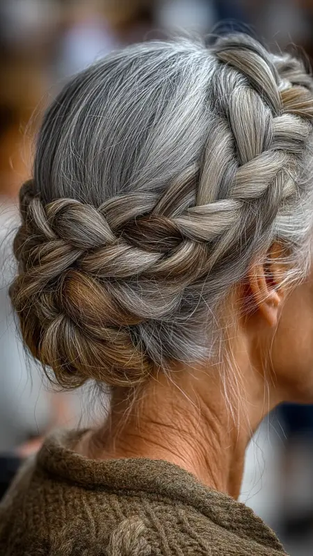 Gray Halo Braid - gray hair styles for women over 50