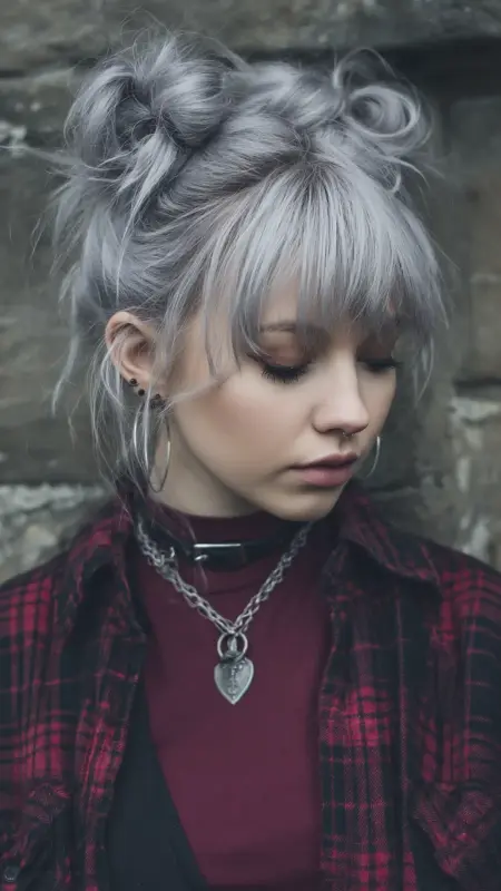 Edgy Elegance: Silver Storm Buns with Bangs - Grunge Hairstyles