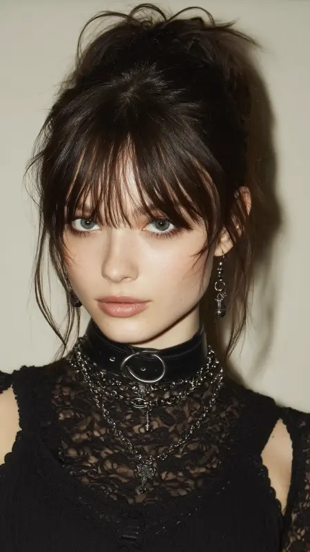 Enigmatic Elegance: The Textured Tousle with Whispering Bangs - Grunge Hairstyles