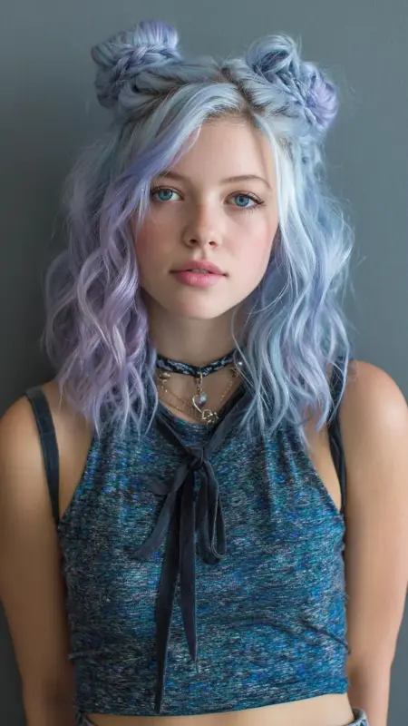 Cosmic Lavender Illusion: A Dance of Waves and Buns - Grunge Hairstyles