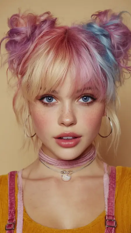 Candy Pop Space Buns with Wispy Bangs - Grunge Hairstyles