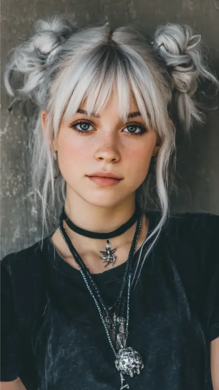 Galactic Grunge: Edgy Platinum Buns with Bangin