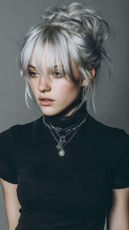 Edgy Silver Blonde Rebel: Messy Bun with Carefree Bangs - Grunge Hairstyles