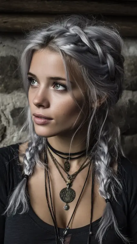 Rebel Chic: Silver-Tressed Boho Braids - Grunge Hairstyles
