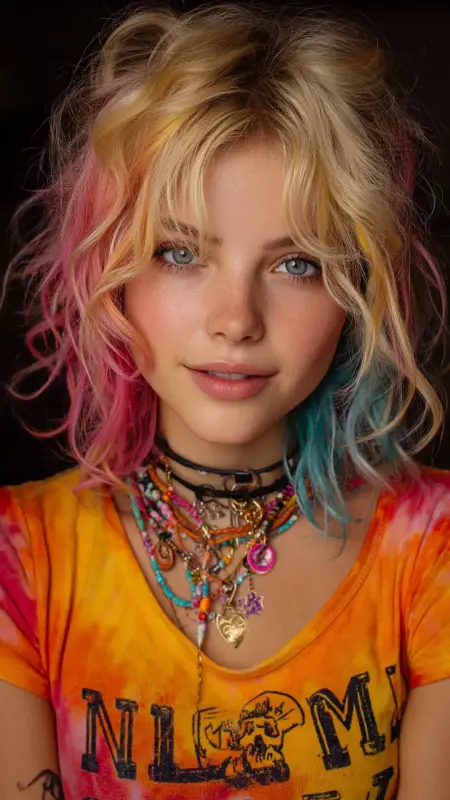 Electric Rebel Waves: A Bold Bob with Pink and Blue Flair - Grunge Hairstyles