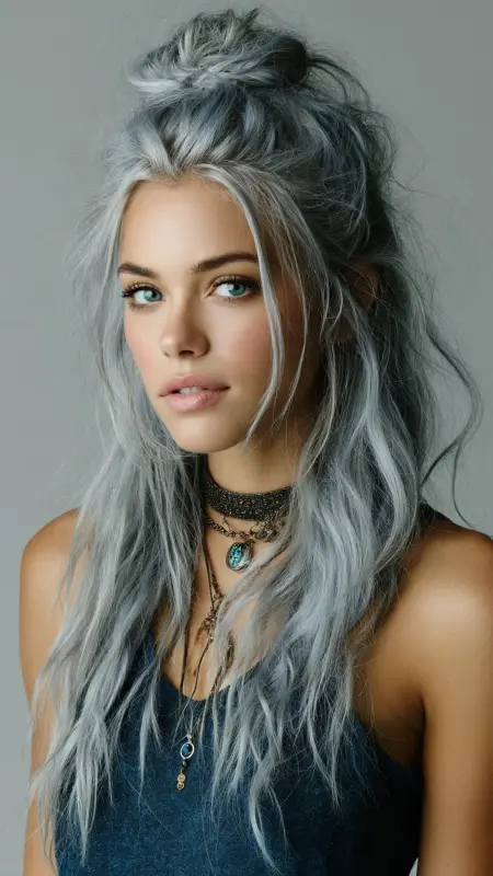 Effortlessly Cool: Waves of Silver with a Chic Knot - Grunge Hairstyles