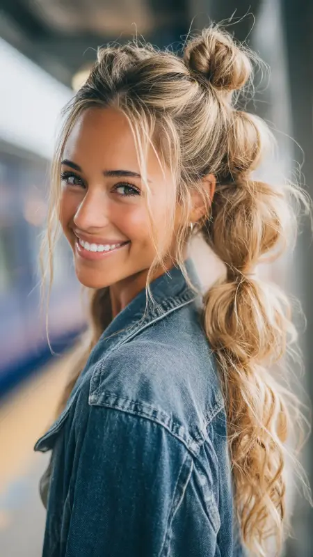 Half-Up Bubble Ponytail - Cute Airport Hairstyles