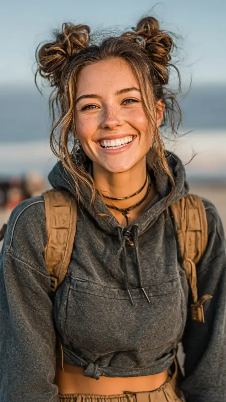 Half-Up Space Buns - Airport Hairstyles for Short Hair