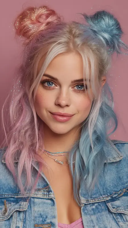 Half-Up Space Buns - Rose Gold Slate Blue - Two hair colors split