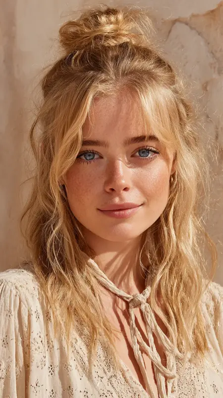 Half-Up Top Knot with Curtain Bangs - Face framing curtain bangs