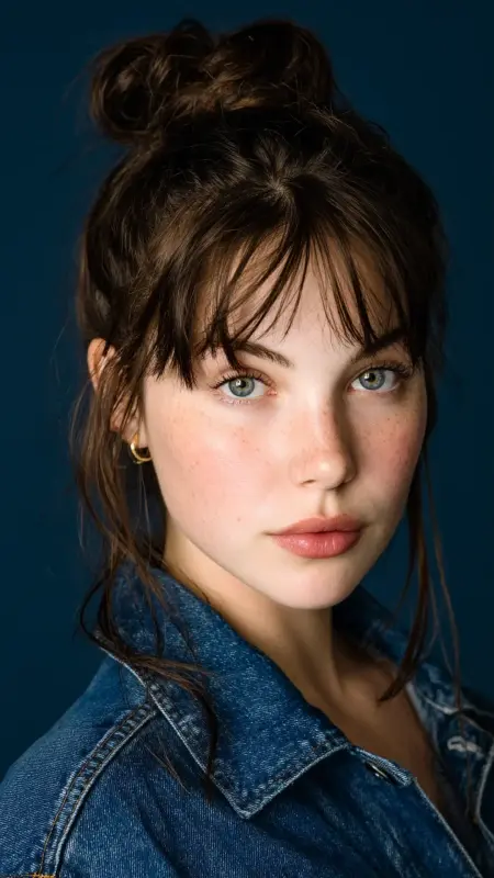 Half-Up Top Knot with Long Curtain Bangs - long curtain bangs round face