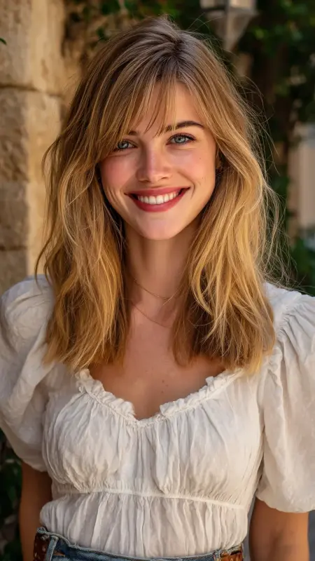 Honey Blonde Balayage with Curtain Bangs - Hair color for college students